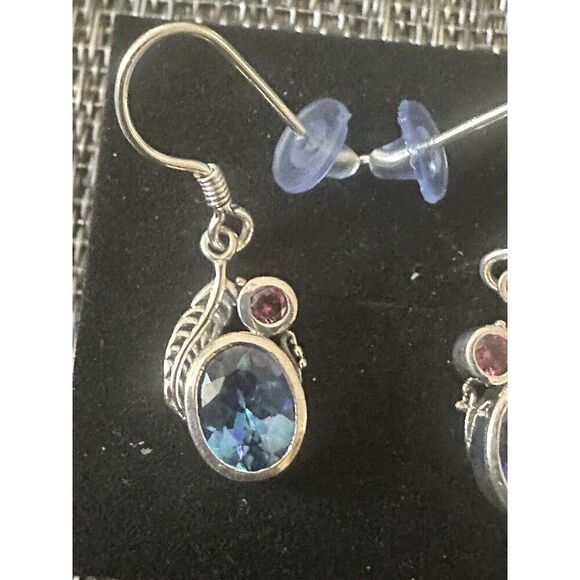 925 Sterling Silver Blue Petalite & Garnet Drop Earrings - Picture 2 of 4